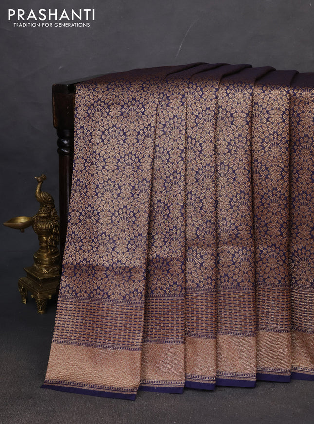 Banarasi semi katan saree navy blue with allover thread & zari brocade weaves and woven border