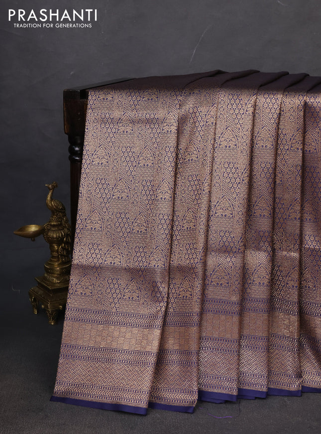 Banarasi semi katan saree navy blue with allover thread & zari woven brocade weaves and woven border