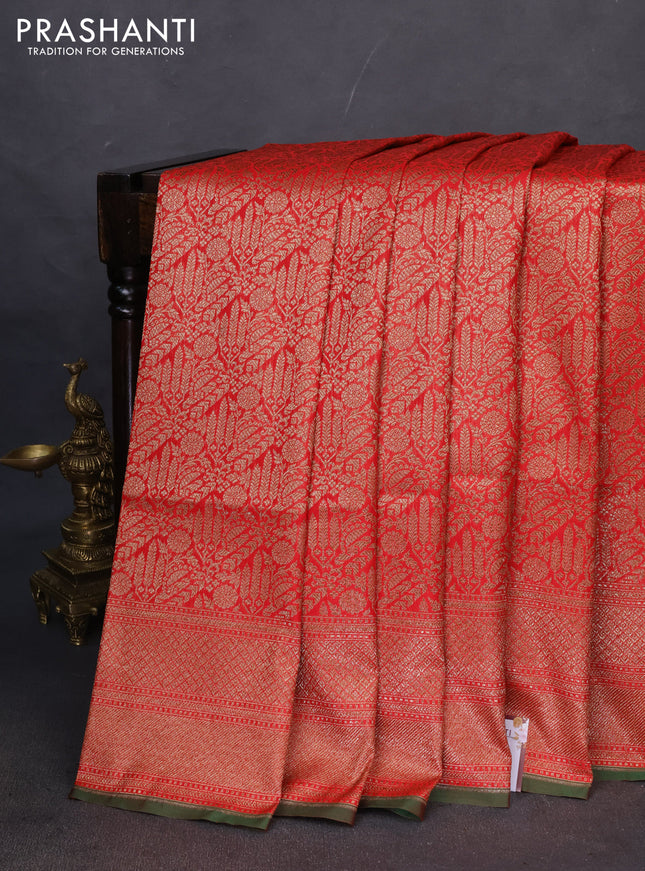Banarasi semi katan saree red with allover thread & zari woven brocade weaves and woven border
