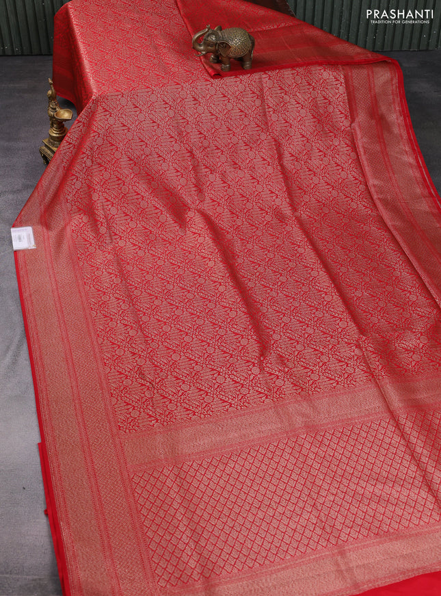Banarasi semi katan saree red with allover thread & zari woven brocade weaves and woven border