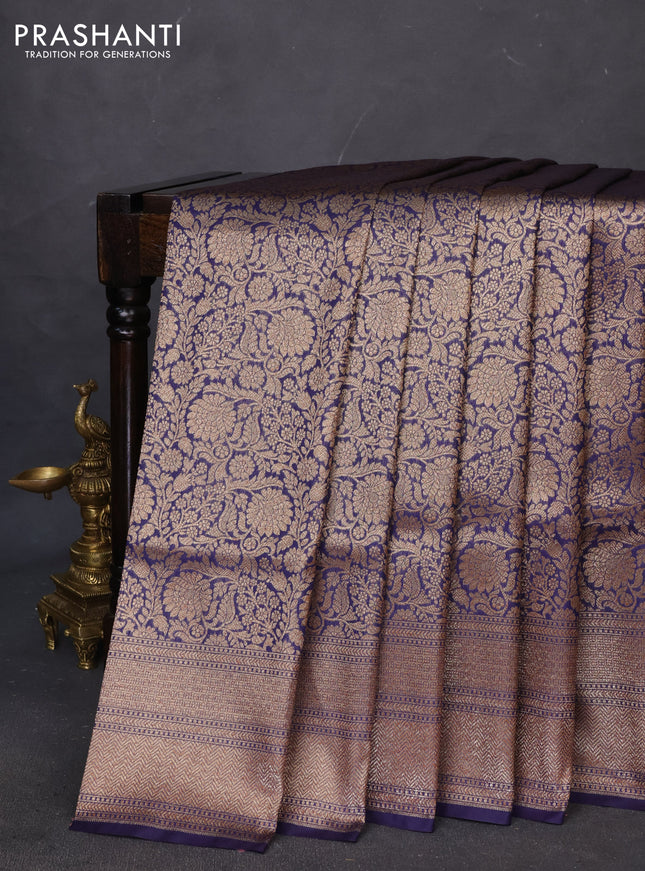 Banarasi semi katan saree navy blue with allover thread & zari woven brocade weaves and woven border