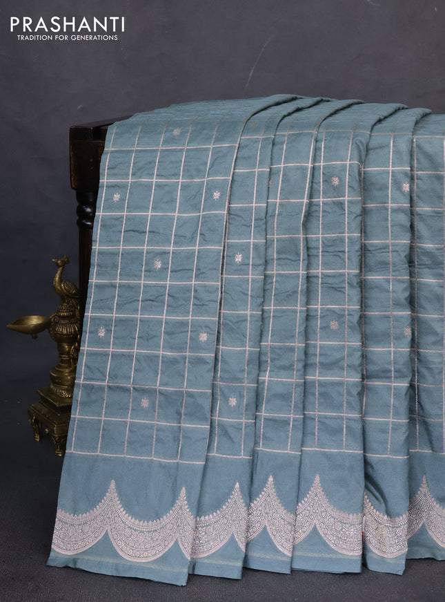 Banarasi semi katan saree pastel blue with allover zari checks and zari woven border
