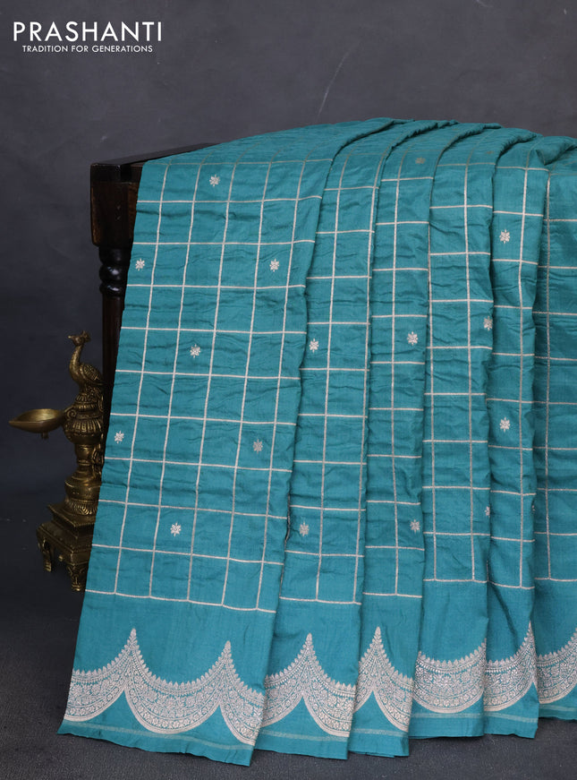 Banarasi semi katan saree teal green shade with allover zari checks and zari woven border