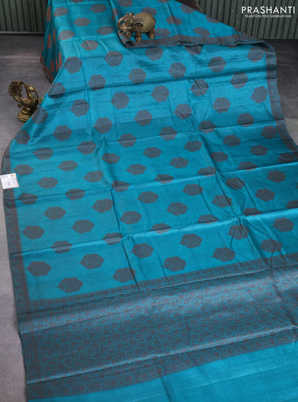Pure tussar silk saree teal blue with woven buttas and woven border