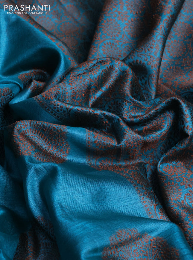 Pure tussar silk saree teal blue with woven buttas and woven border