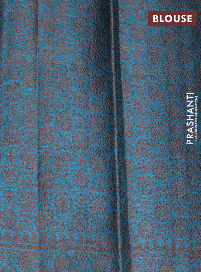Pure tussar silk saree teal blue with woven buttas and woven border