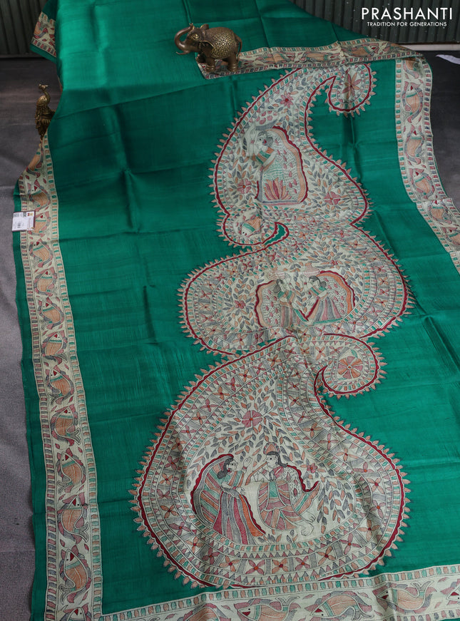 Madhubani printed silk saree teal green and cream with butta prints and madhubani printed border