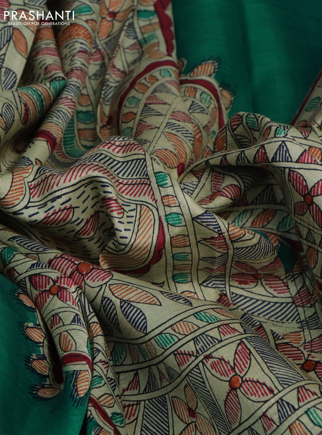Madhubani printed silk saree teal green and cream with butta prints and madhubani printed border