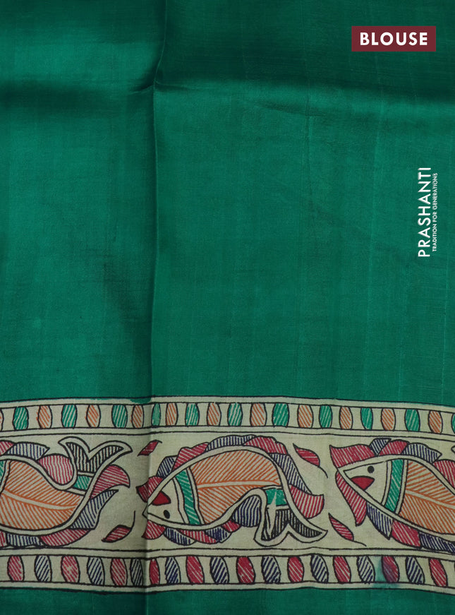 Madhubani printed silk saree teal green and cream with butta prints and madhubani printed border
