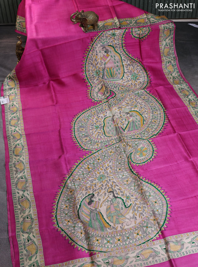 Madhubani printed silk saree pink and cream with butta prints and madhubani printed border