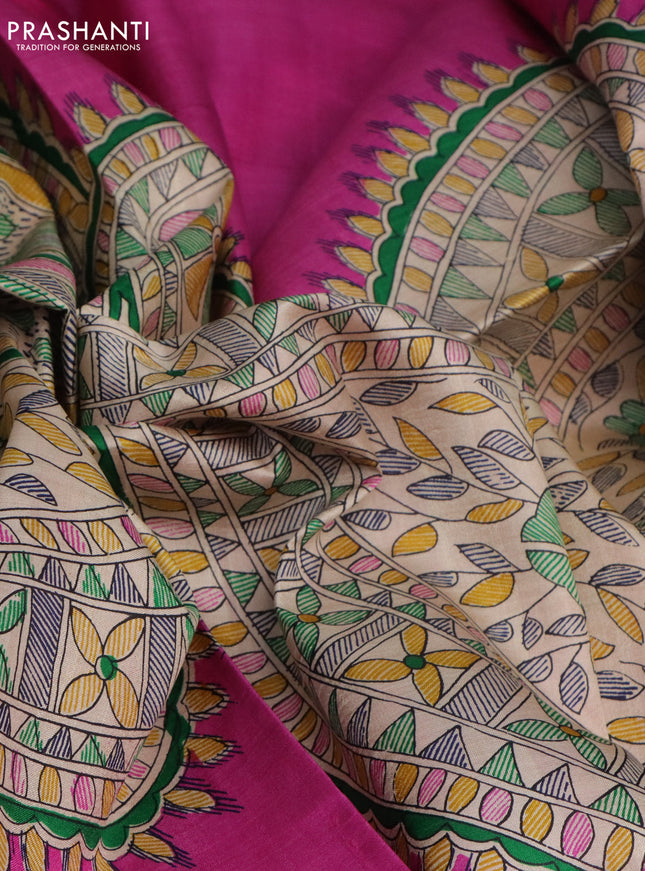 Madhubani printed silk saree pink and cream with butta prints and madhubani printed border