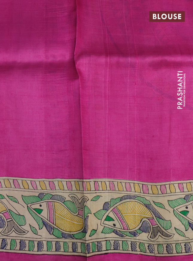 Madhubani printed silk saree pink and cream with butta prints and madhubani printed border
