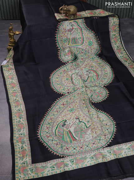 Madhubani printed silk saree black and cream with butta prints and madhubani printed border