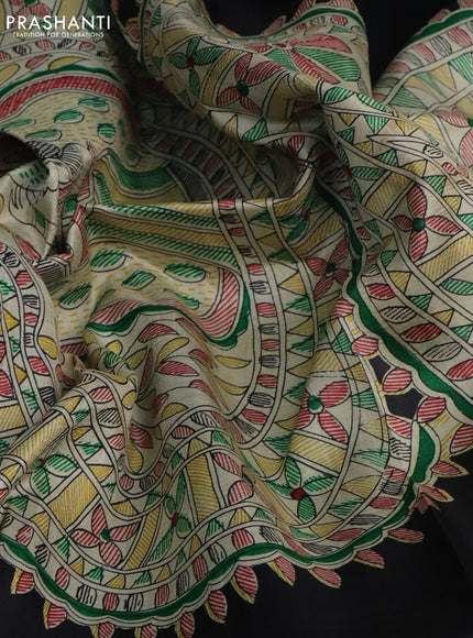Madhubani printed silk saree black and cream with butta prints and madhubani printed border