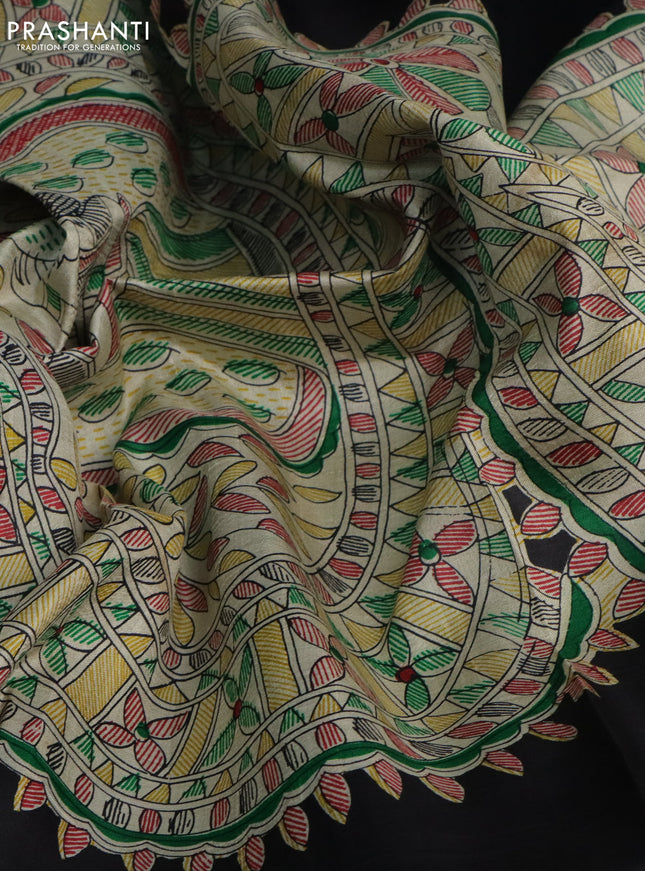 Madhubani printed silk saree black and cream with butta prints and madhubani printed border