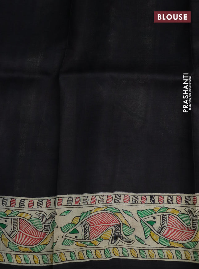 Madhubani printed silk saree black and cream with butta prints and madhubani printed border