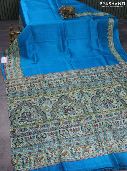 Madhubani printed silk saree cs blue and cream with plain body and madhubani printed border