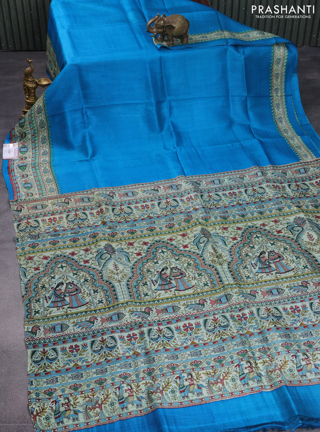 Madhubani printed silk saree cs blue and cream with plain body and madhubani printed border