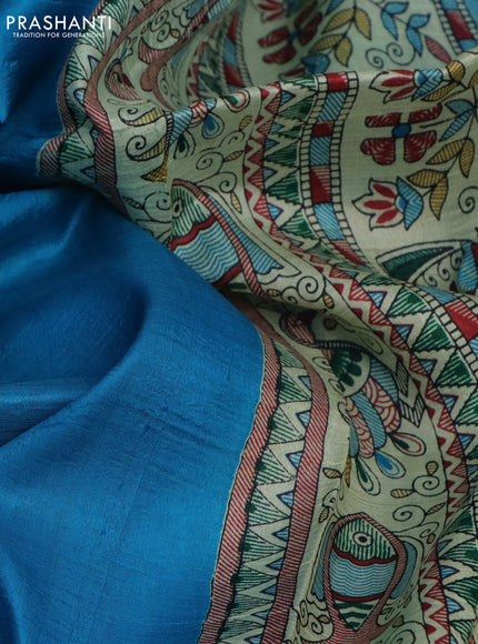 Madhubani printed silk saree cs blue and cream with plain body and madhubani printed border