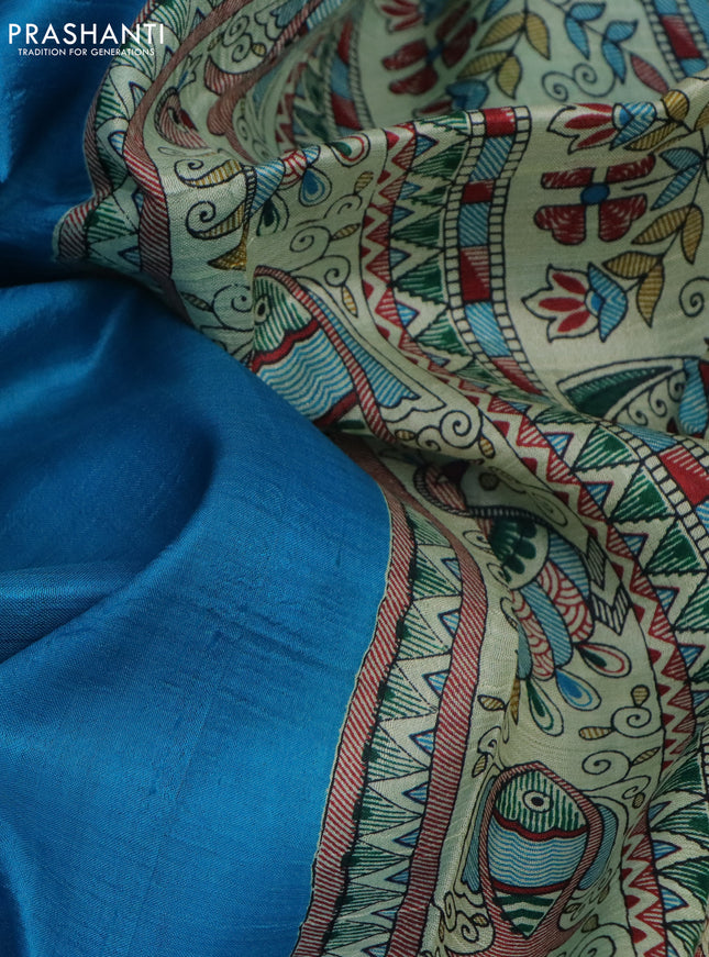 Madhubani printed silk saree cs blue and cream with plain body and madhubani printed border
