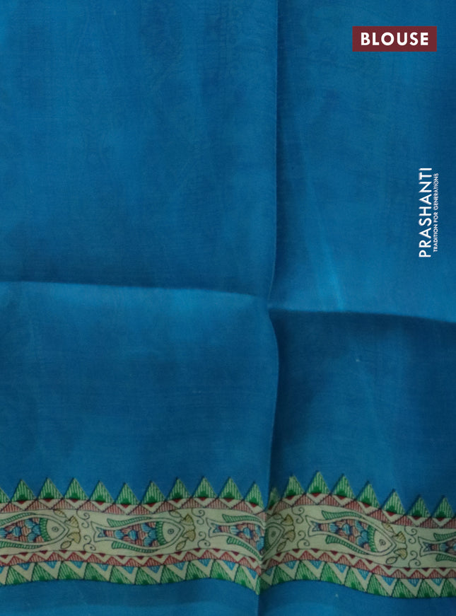 Madhubani printed silk saree cs blue and cream with plain body and madhubani printed border