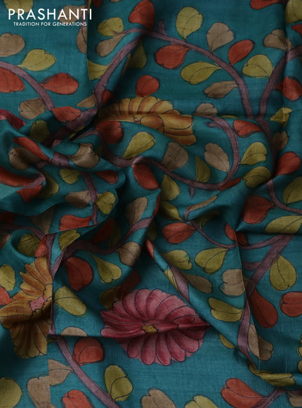 Tussar blouse piece teal blue with kalamkari hand painted prints