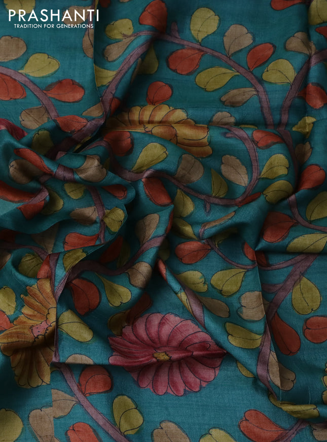 Tussar blouse piece teal blue with kalamkari hand painted prints