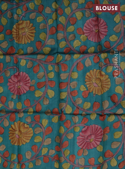 Tussar blouse piece teal blue with kalamkari hand painted prints