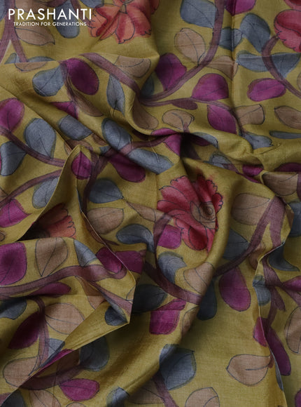 Tussar blouse piece yellow with kalamkari hand painted prints