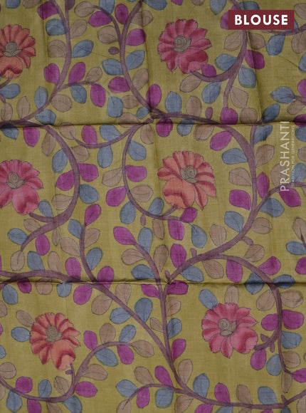 Tussar blouse piece yellow with kalamkari hand painted prints