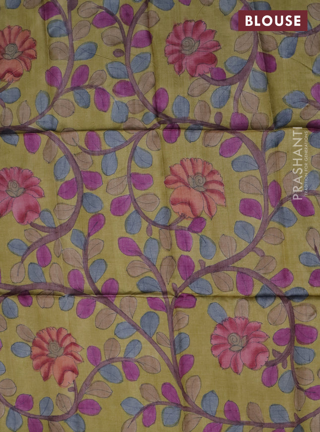 Tussar blouse piece yellow with kalamkari hand painted prints