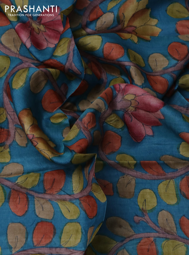 Tussar blouse piece cs blue with kalamkari hand painted prints