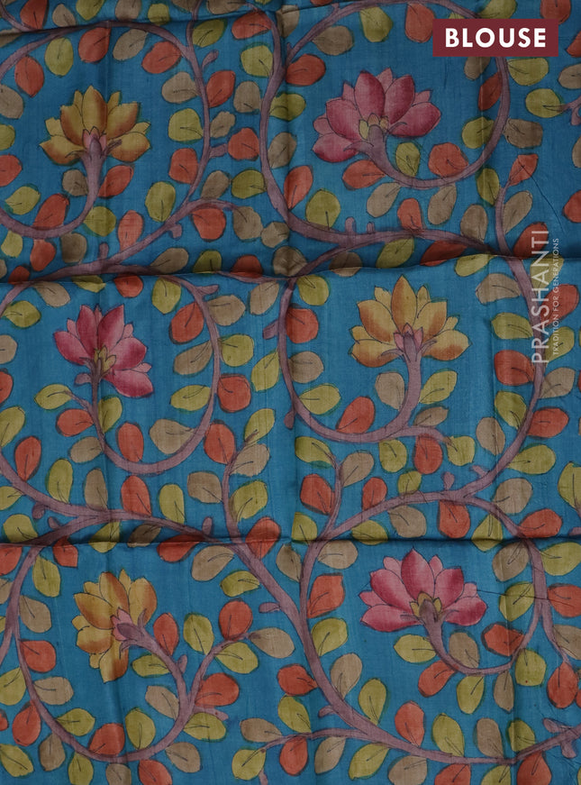 Tussar blouse piece cs blue with kalamkari hand painted prints