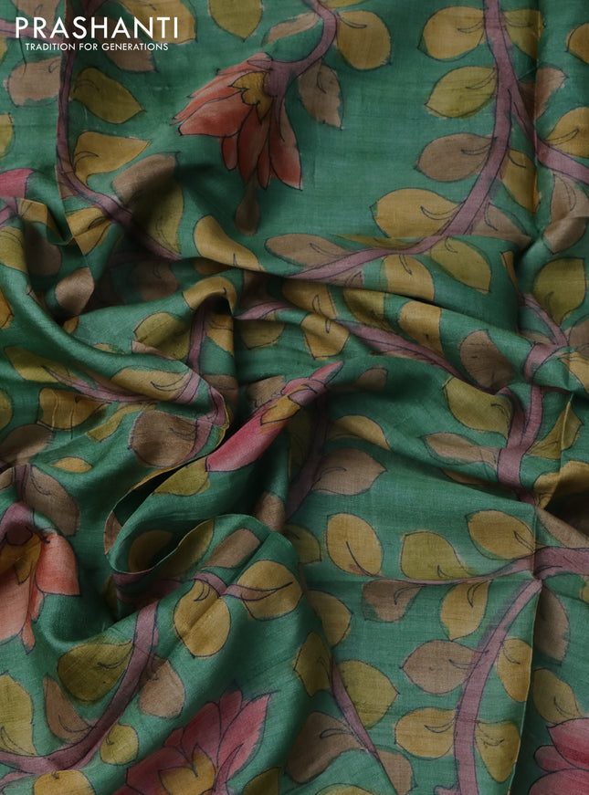 Tussar blouse piece green with kalamkari hand painted prints