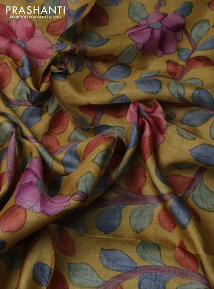 Tussar blouse piece yellow with kalamkari hand painted prints