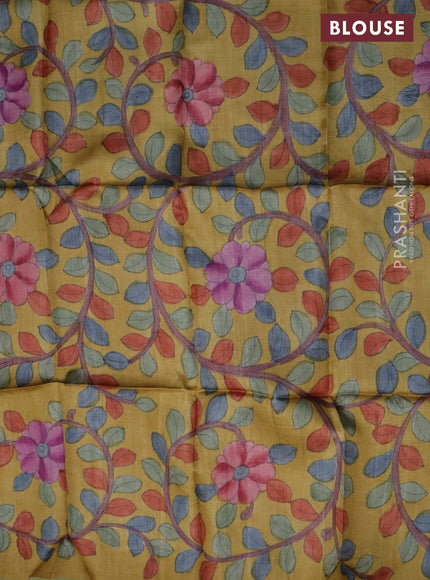 Tussar blouse piece yellow with kalamkari hand painted prints
