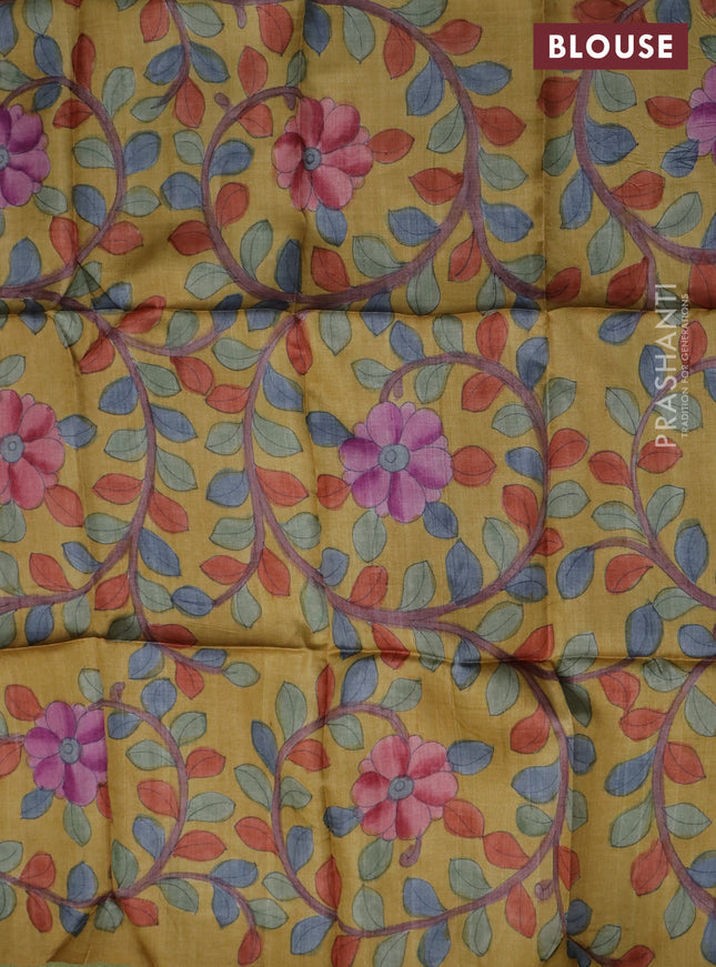 Tussar blouse piece yellow with kalamkari hand painted prints