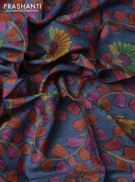 Tussar blouse piece bluish grey with kalamkari hand painted prints