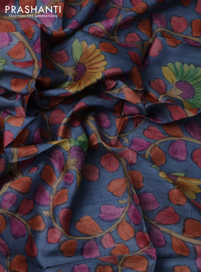 Tussar blouse piece bluish grey with kalamkari hand painted prints