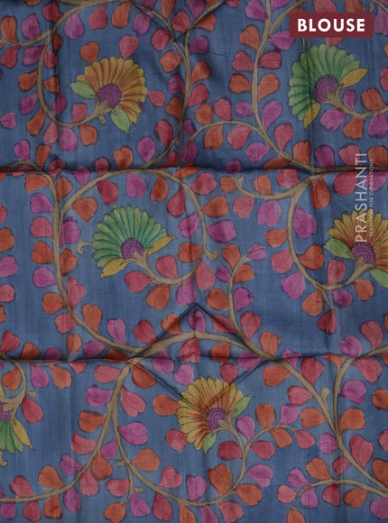 Tussar blouse piece bluish grey with kalamkari hand painted prints