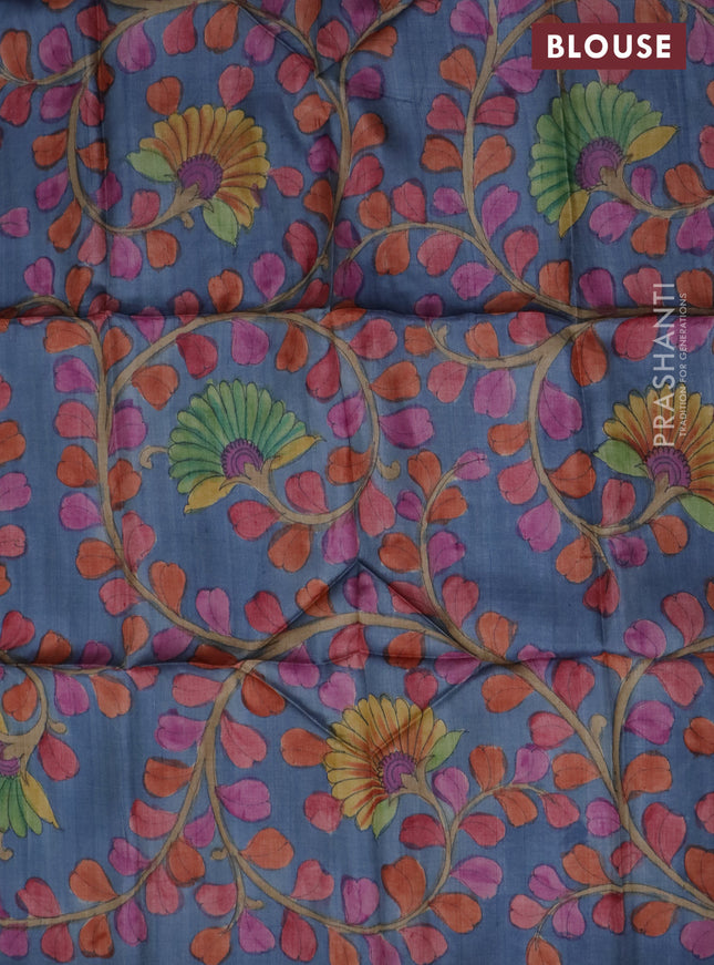 Tussar blouse piece bluish grey with kalamkari hand painted prints