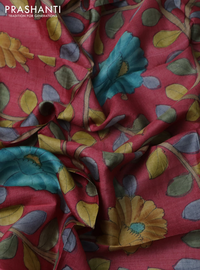 Tussar blouse piece red with kalamkari hand painted prints