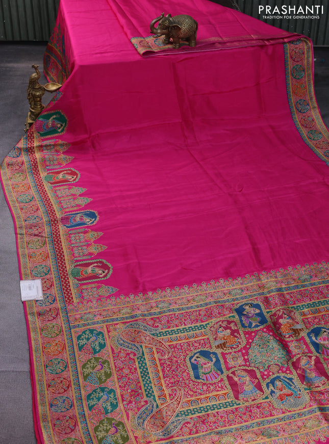 Banarasi silk saree pink with plain body and position prints