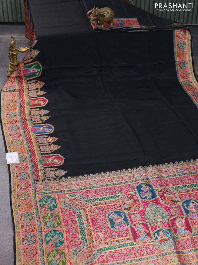 Banarasi silk saree black with plain body and position prints