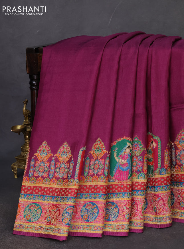 Banarasi silk saree deep purple with plain body and position prints