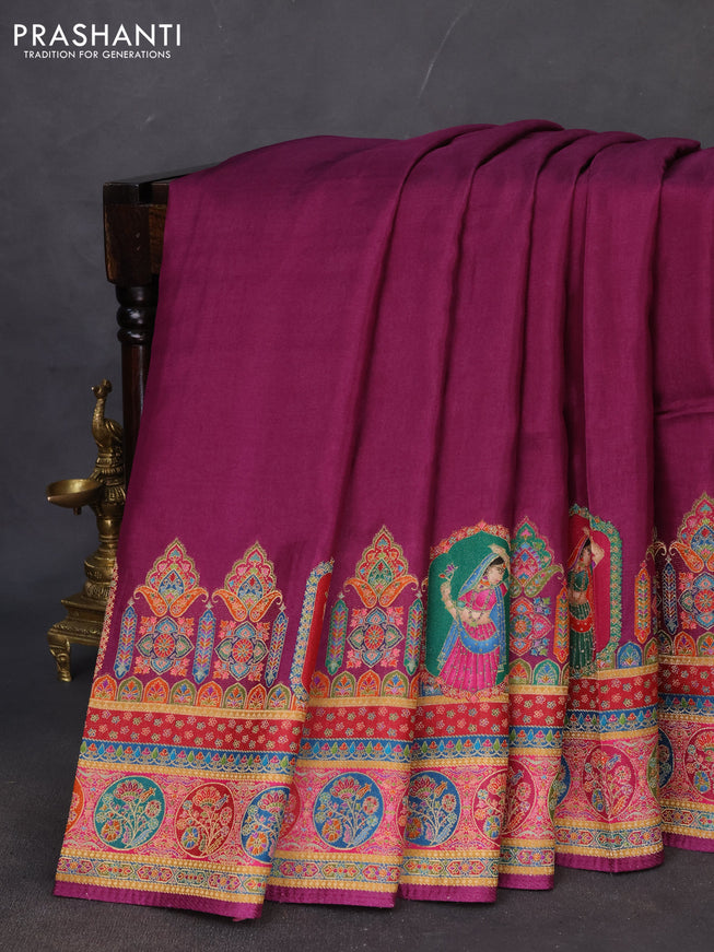 Banarasi silk saree deep purple with plain body and position prints