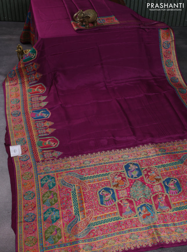 Banarasi silk saree deep purple with plain body and position prints