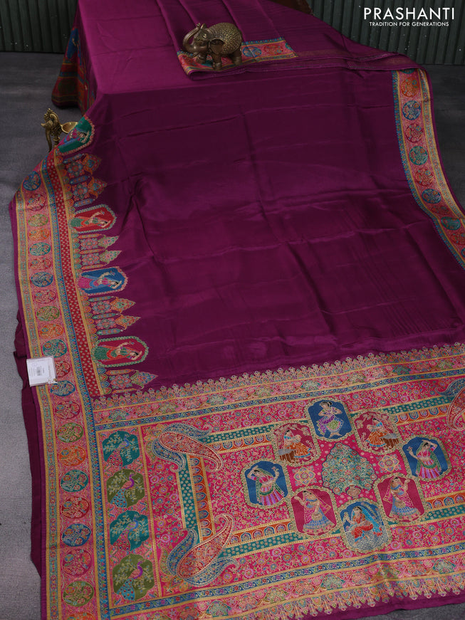 Banarasi silk saree deep purple with plain body and position prints