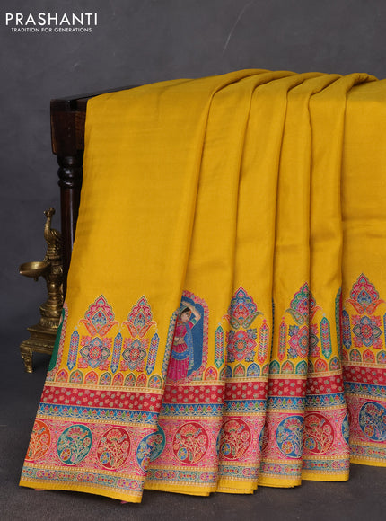 Banarasi silk saree mustard yellow with plain body and position prints