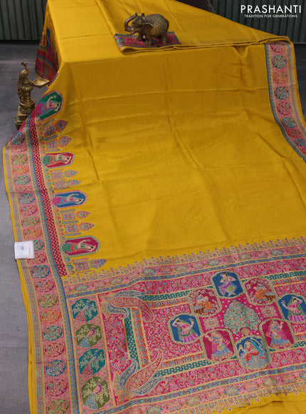 Banarasi silk saree mustard yellow with plain body and position prints